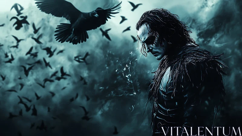 Brooding crow-bonded avenger stalks through stormed twilight.