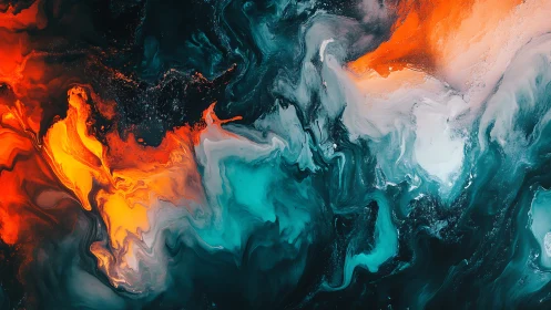 Vivid teal and orange fluid abstract painting in motion.