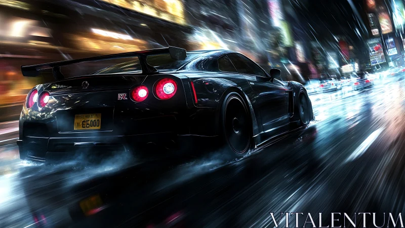Midnight street racer carving through neon city rain.