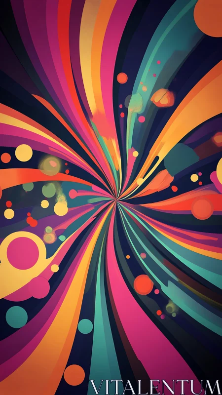 Radial burst of multicolored ribbons curves into vivid vortex