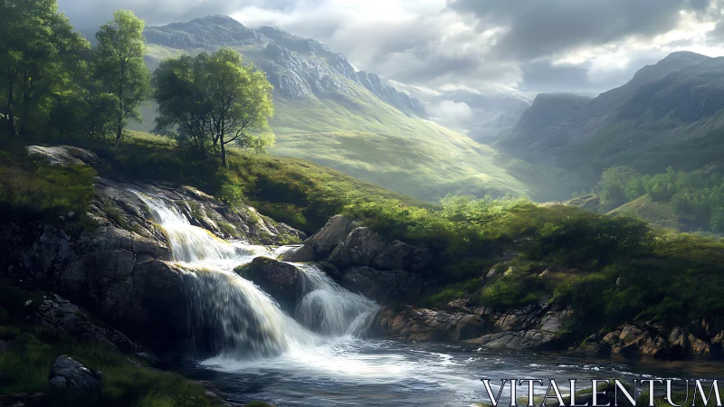 Mountain valley cascade with sunlit highland river and cliffs