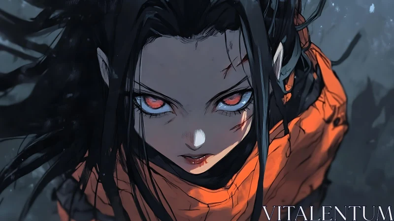 Intense red-eyed anime figure in torn orange cloak.