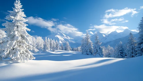 Snow-covered conifer forest before distant alpine peaks.