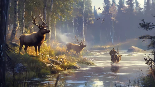 Stag herd confronts river hunter in misty sunrise forest