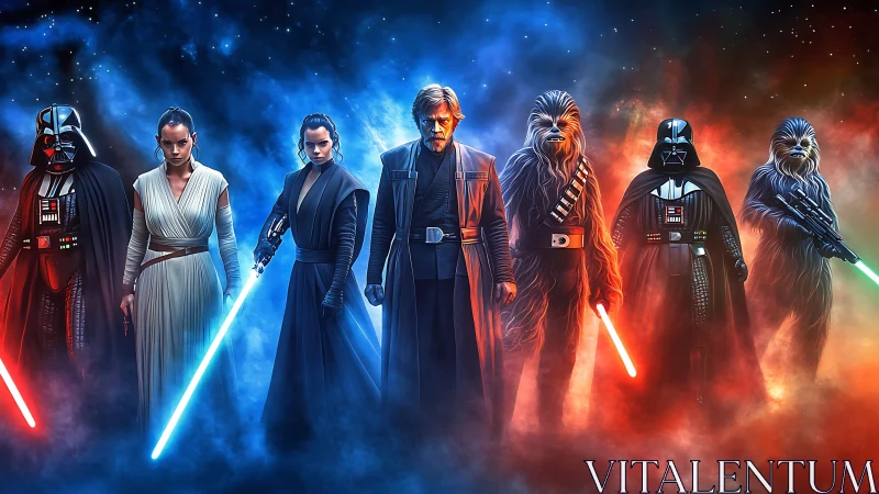 Symmetric sci‑fantasy lineup in chromatic nebular haze.