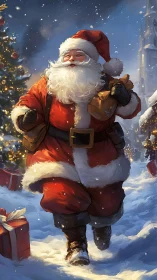 Santa in motion with gift sack on snowy illuminated street