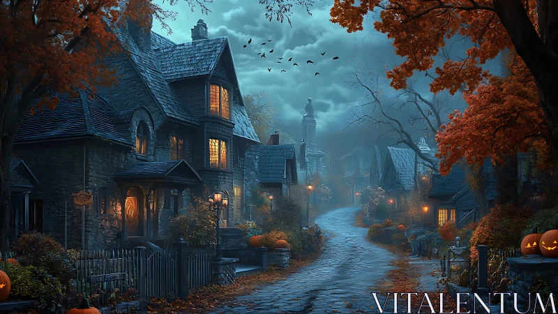 Cozy Halloween village street glowing with gentle spooky charm.