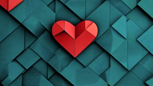Red geometric heart shape centered on teal angular tile pattern