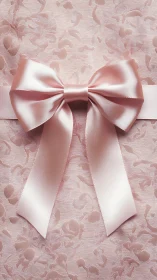 Blush satin gift bow on textured floral fabric background.