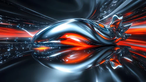 Futuristic metallic abstract sculpture with dynamic red accents.