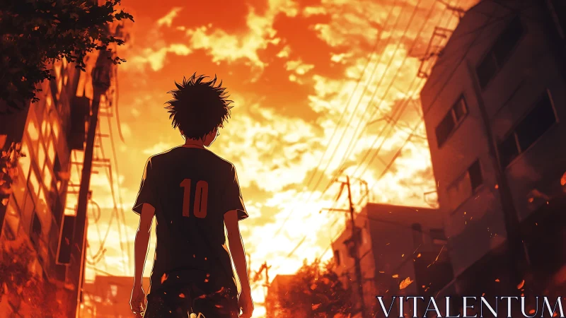 Lone soccer boy faces blazing sunset over quiet city street
