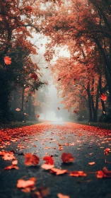 Autumn road disappears into mist beneath fiery red foliage