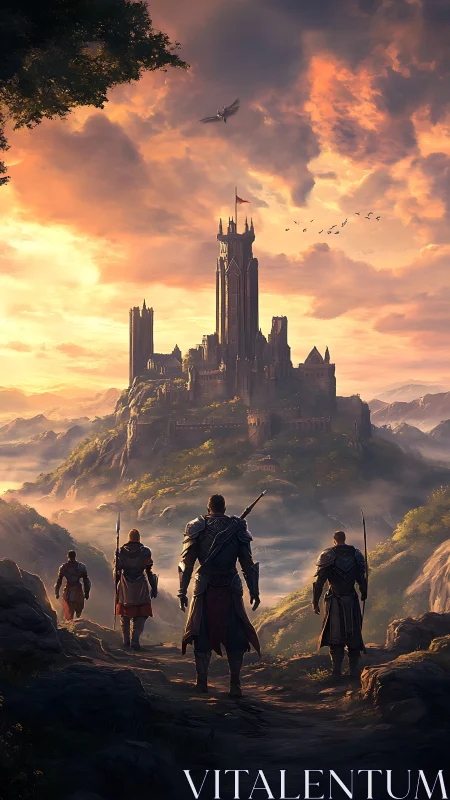 Armored adventurers approach towering citadel at dusk