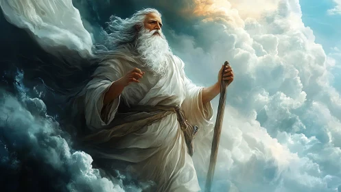 Bearded robed figure with staff positioned among dense clouds