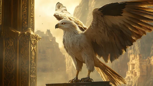 Sun-forged gryphon guardian spreads wings above golden ruins.