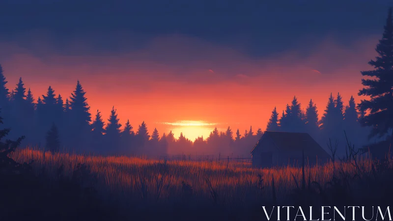 Rural treeline at dusk with cabin silhouette and tall grass.