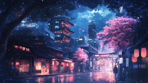 Nighttime urban street shows neon-lit buildings and cherry trees