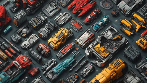 Starport motor pool of modular sci fi vehicles in parade.