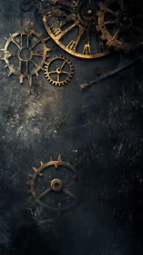 Golden clockwork gears drifting through smoky shadows.