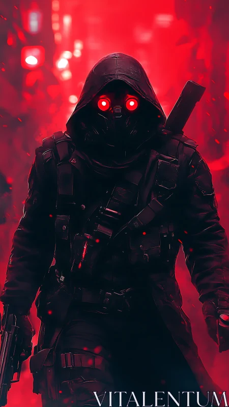 Hooded cyber soldier with red glowing eyes in city street