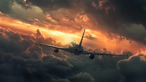 Commercial jet aircraft over dense clouds at sunset sky.