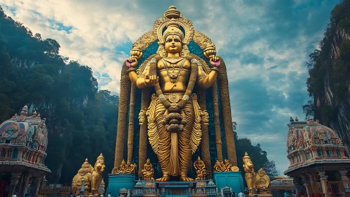 Golden Hindu deity statue dominates temple cave entrance