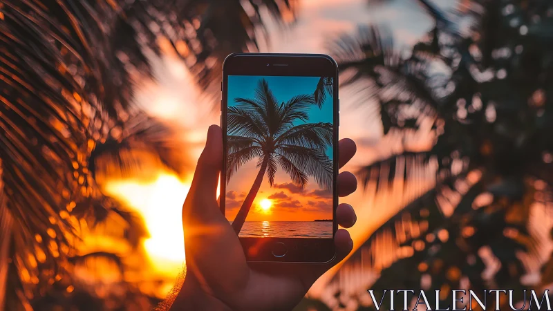 Hand holds smartphone framing tropical sunset palm view