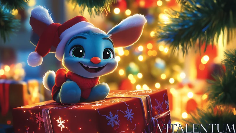 Cheerful blue puppy in Santa hat shares cozy Christmas joy