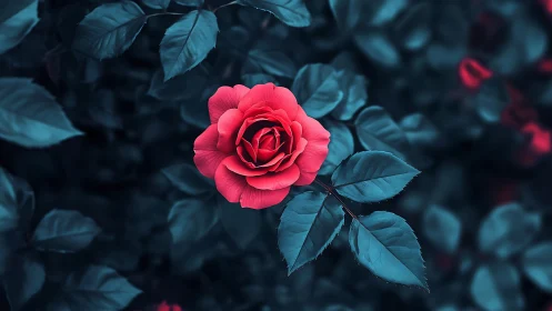 Crimson Rose Blooms Against Moody Teal Garden.