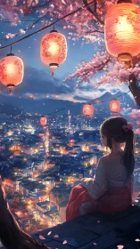 Girl overlooks lantern-lit cherry city at twilight.