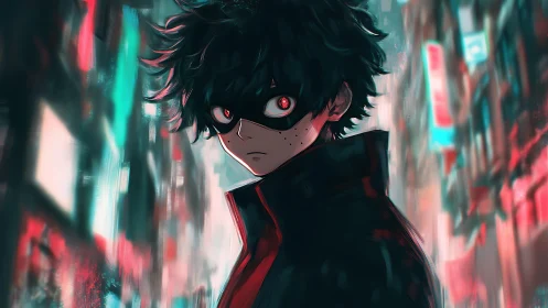 Masked youth in neon cityscape with cinematic backlighting.