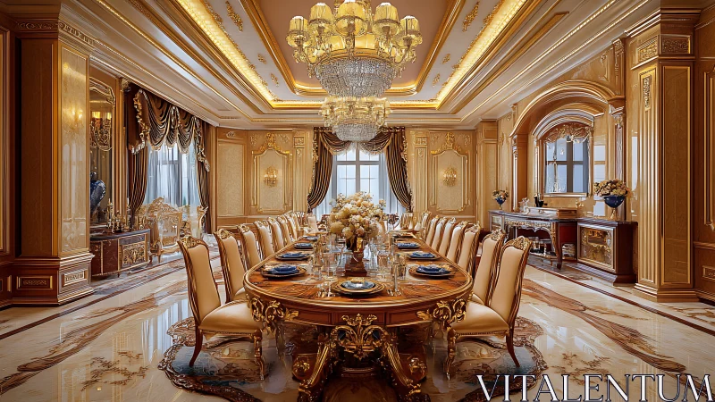 Formal gold-trimmed palace dining room interior design.