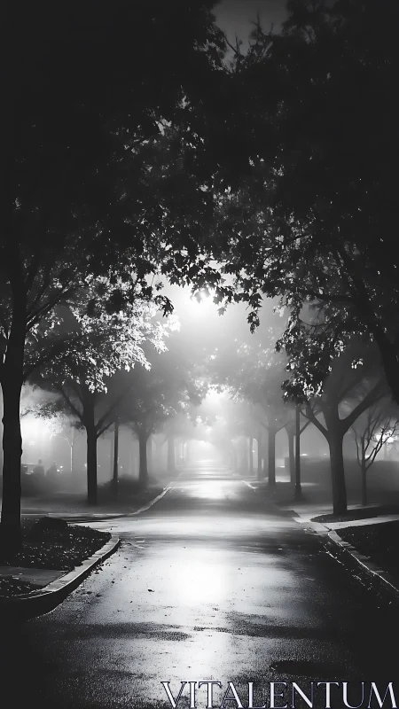 Tree lined street shows foggy night lighting and reflections.