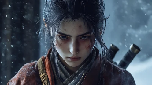 Stoic snow warrior locks gaze under cold falling flakes.