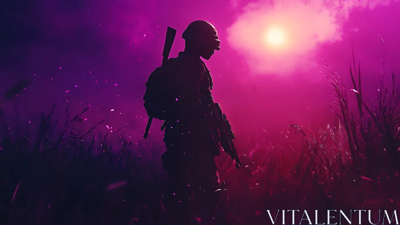 Lone soldier stands in neon dusk amid glowing battlefield haze