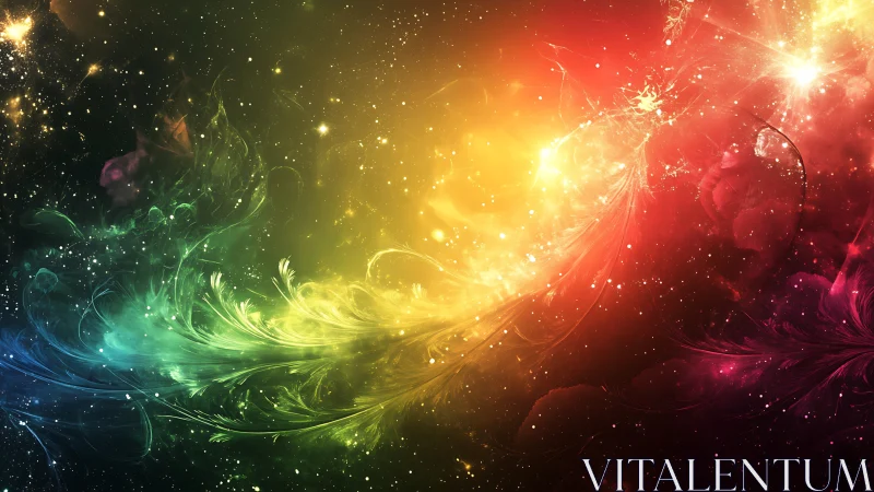 Radiant cosmic feathers swirl through a rainbow hued nebula