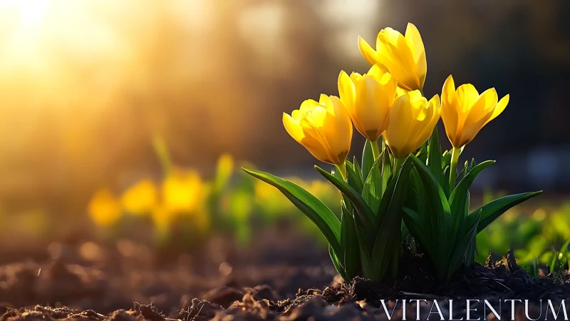 Golden tulips glowing at sunrise in soft garden focus.