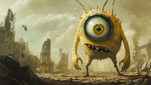 One eyed yellow monster stalks a ruined post apocalyptic city