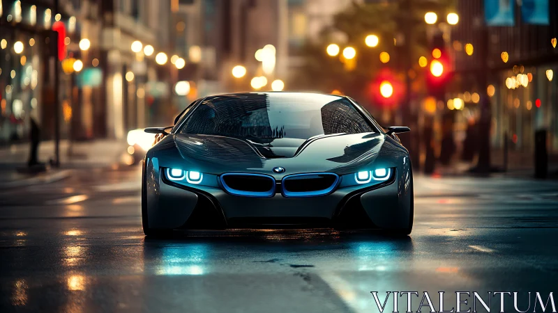 Low-angle view of futuristic hybrid sports car on wet city street