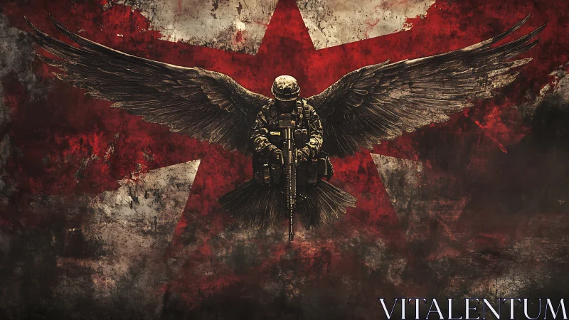 Winged tactical soldier poised before scarlet battle star.