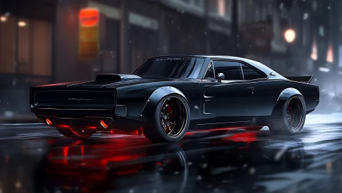 Midnight muscle car prowls a neon soaked rainy city street