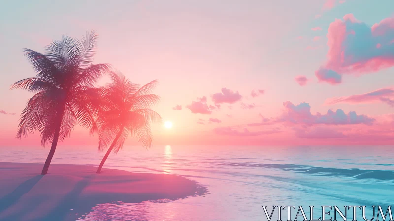 Pastel palm shore soaking in a dreamy cotton candy sunset.