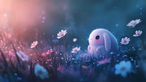 Soft white bunny sits in glowing meadow under dreamy light
