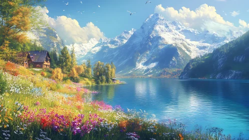 Lakeside alpine chalet with wildflower meadow and snowy peaks