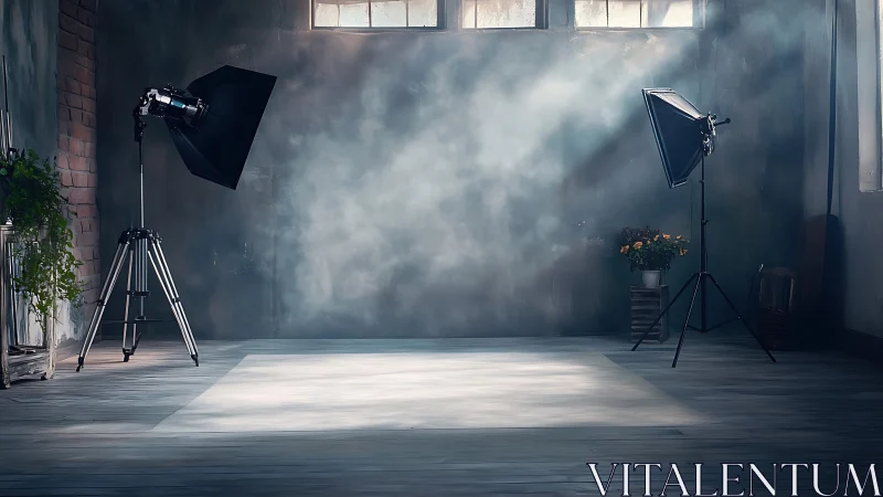 Empty portrait studio stage under diffused window light