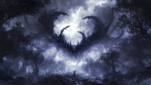 Midnight colossus coils above a lone wanderer&rsquo;s path.