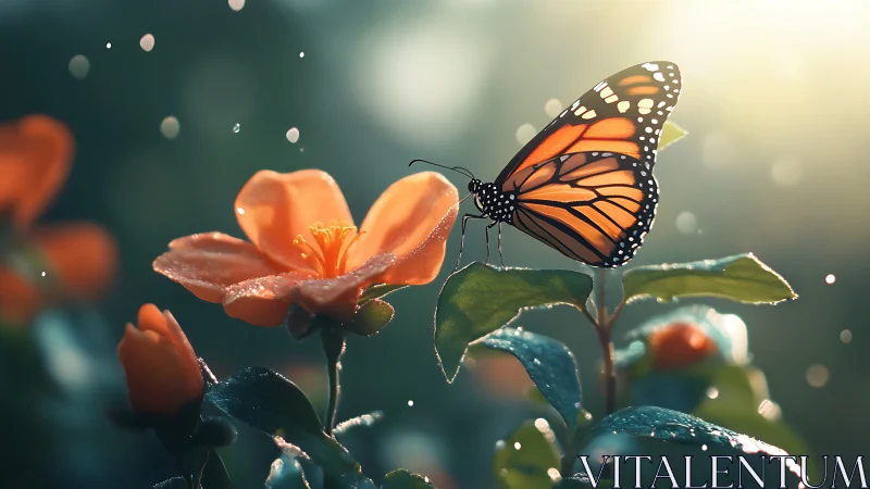 Monarch butterfly rests on orange flower in sunrise glow.
