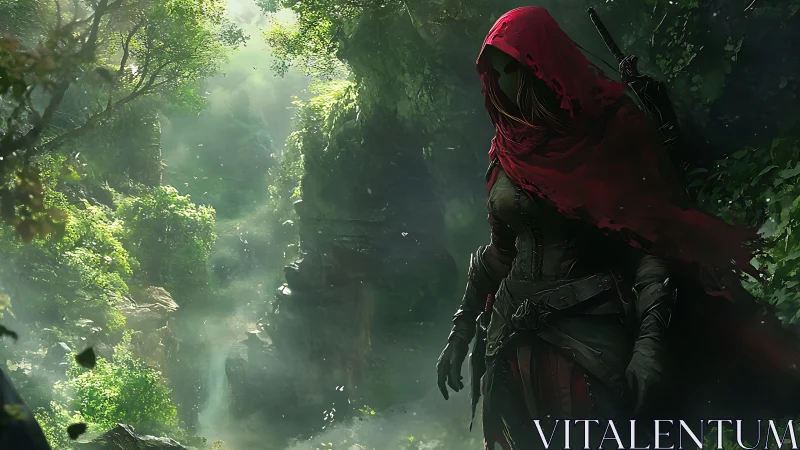 Cloaked rogue in volumetric forest light with high-detail fabric simulation