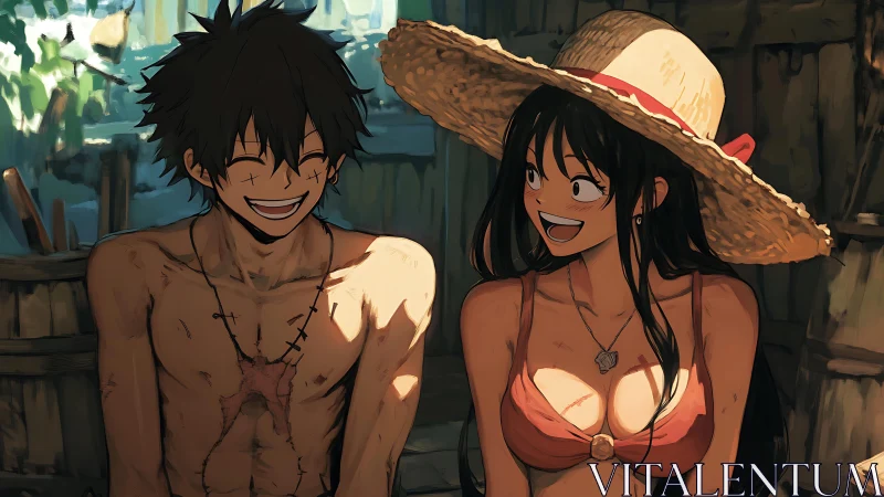 Sunlit anime couple share carefree summer smiles together.