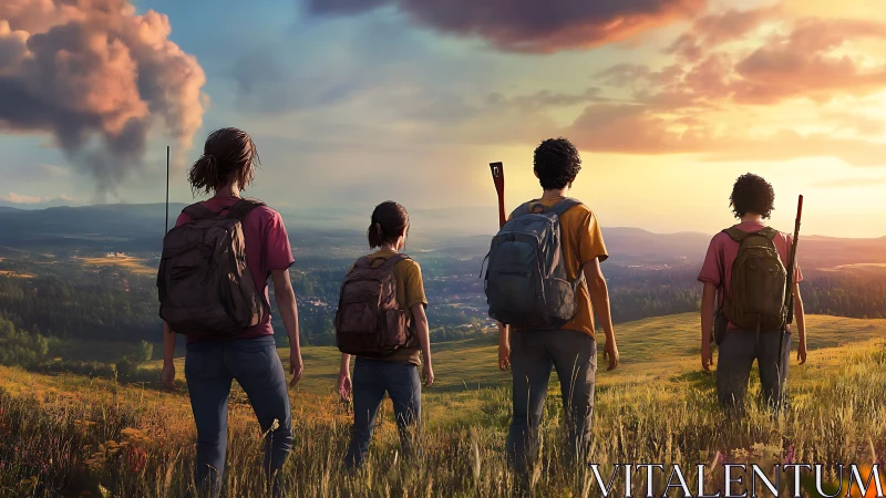 Young Hikers Standing Together Overlooking Vast Mountain Valley at Sunset